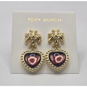 NEW Tory Burch Roxanne Heart Drop Earrings Logo Purple Burgundy Statement